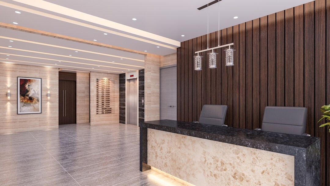 Elegant reception area with minimalist furniture and soft lighting